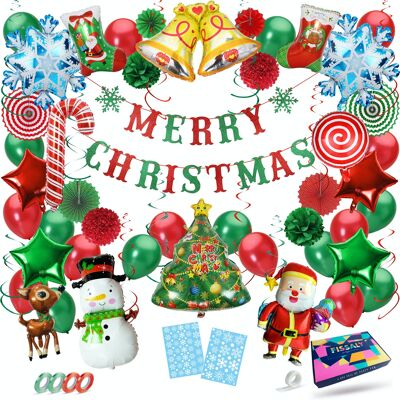 Fissaly® Weihnachtsdekoration Dekorationspaket – Weihnachtsbaum und Weihnachtsmann – Weihnachtsdekoration für den Innenbereich – Luftballons in Grün und Rot – inkl. Schneeflockenaufkleber