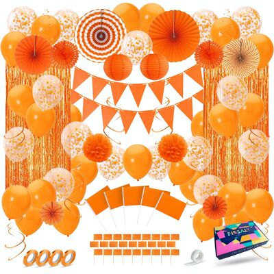 Fissaly® 108 Pezzi Paesi Bassi Set di decorazioni arancioni – Decorazione di compleanno per feste con palloncini, bandiere e ghirlande – Festa del Re – Festa a tema di calcio – Amo van Holland