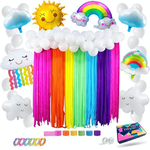 Fissaly® 79 Stuks Regenboog Wolken Decoratie Set – Feest Versiering met Ballonnen & Crepe Papier Slingers – Feestdecoratie Verjaardag & Themafeest