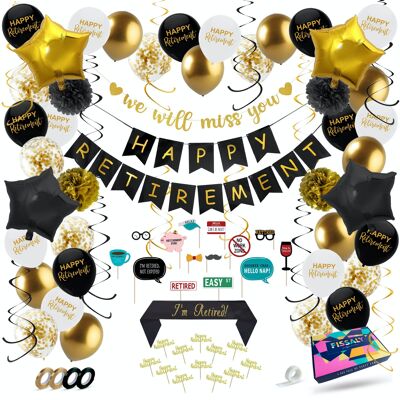 Fissaly® Retirement & Retirement Decoration Adornment - Retired Party Items Package – Balloons, Garland, Sash, & Accessories