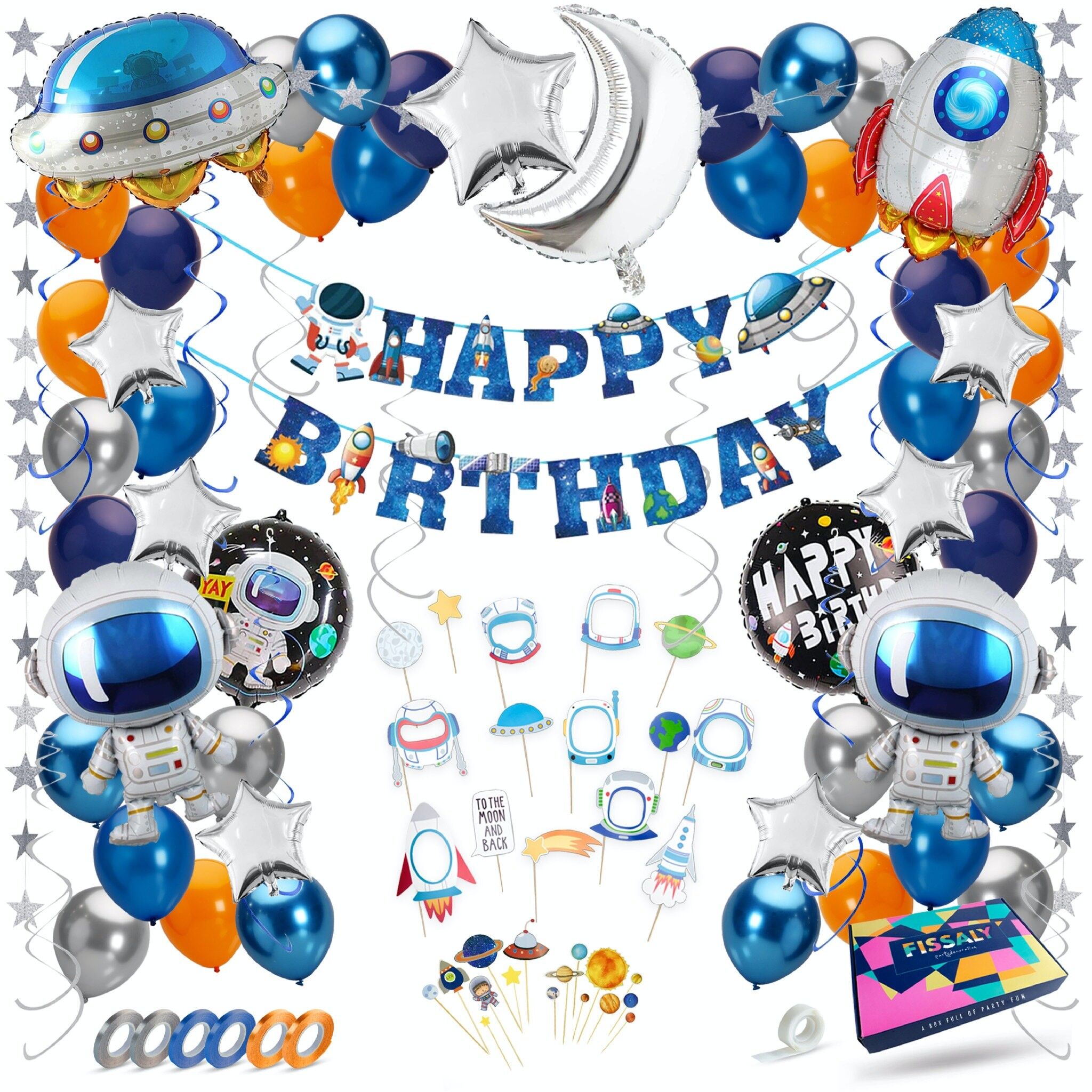 Fissaly® 83 Stuks Ruimte, Raket en Astronaut Happy Birhtday Feest Versiering – Space Verjaardag Decoratie - Planeten, Sterren & Aliens - Kinderfeest