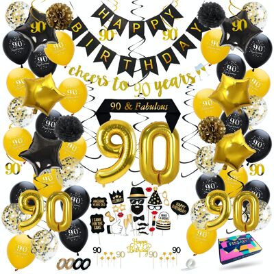 Fissaly® 90 Anniversaire Décoration Parure - Ballons – Anniversaire Homme & Femme - Noir et Or
