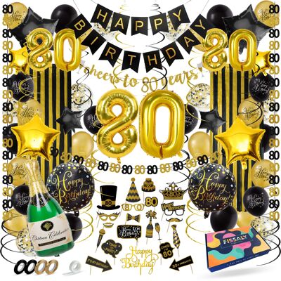 Fissaly® Décoration Anniversaire 80 Ans - Ballons - Anniversaire Homme & Femme - Noir et Or