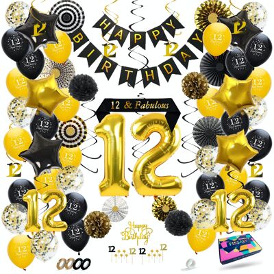 Fissaly® 12 Years Anniversary Decoration Embellishment - Balloons – Anniversary - Boy & Girl - Black and Gold