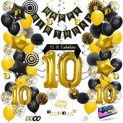 Fissaly® 10 Years Anniversary Decoration Decoration - Balloons Boy & Girl - Black & Gold