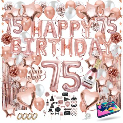 Fissaly® Adorno de decoración de cumpleaños de oro rosa de 75 años - Globos de confeti de helio, látex y papel
