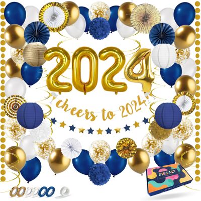Fissaly® Frohes Neues Jahr 2024 Dekorationspaket – Silvester- und Neujahrspaket – Alte und neue Partydekoration, Partypaket – Luftballons Gold, Weiß und Blau