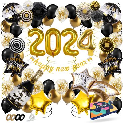 Paquete de decoración Fissaly® Happy New Year 2024 – Paquete de Nochevieja y Año Nuevo – Paquete de decoración para fiestas antiguas y nuevas – Globos negros y dorados