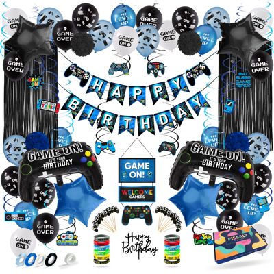 Fissaly® Set de decoración de cumpleaños de videojuego de 107 piezas con globos - Azul