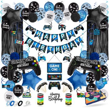 Fissaly® Ensemble de décoration d'anniversaire de jeu vidéo 107 pièces avec ballons - Bleu 1