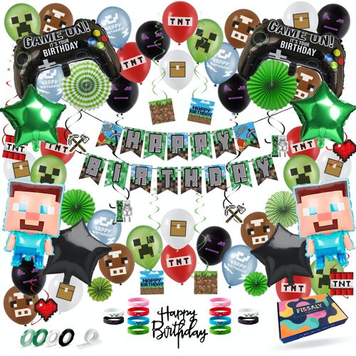 Fissaly® 81 Stuks Pixel Video Game Verjaardag Versiering – Thema Decoratie – Ballonnen, Slingers, Armbandjes & Accessoires