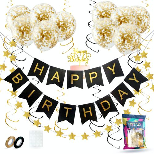 Fissaly® Verjaardag Slinger Zwart & Goud met Papieren Confetti Ballonnen – Decoratie – Happy Birthday