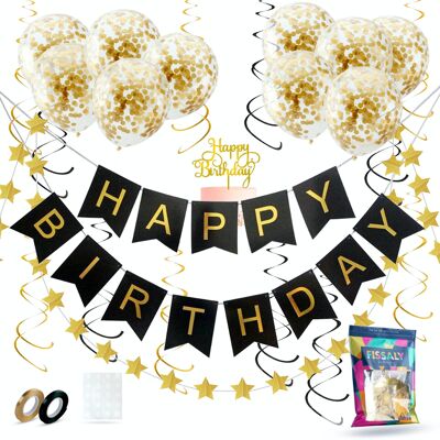 Fissaly® Birthday Garland Black & Gold with Paper Confetti Balloons – Decoration – Happy Birthday