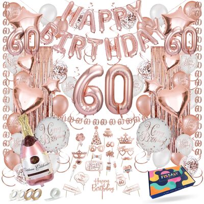 Adorno de decoración de cumpleaños de oro rosa de 60 años de Fissaly® - Fiesta - Globos de confeti de helio, látex y papel