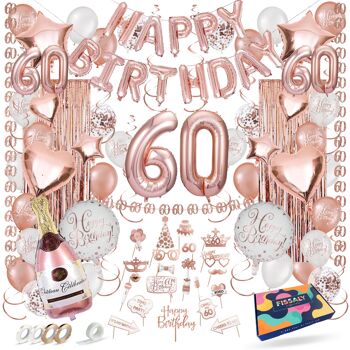 Fissaly® Décoration d'anniversaire 60 ans en or rose – Fête – Ballons à hélium, latex et confettis en papier 1