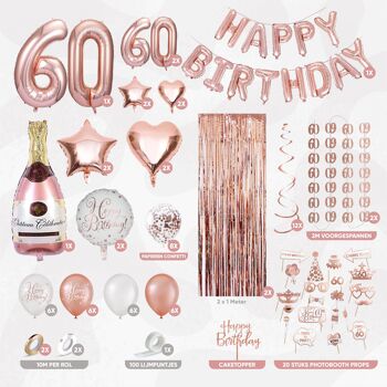 Fissaly® Décoration d'anniversaire 60 ans en or rose – Fête – Ballons à hélium, latex et confettis en papier 2