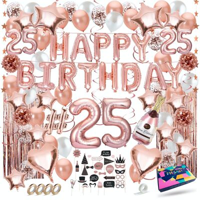 Fissaly® Adorno de decoración de cumpleaños de oro rosa de 25 años - Fiesta - Globos de confeti de helio, látex y papel