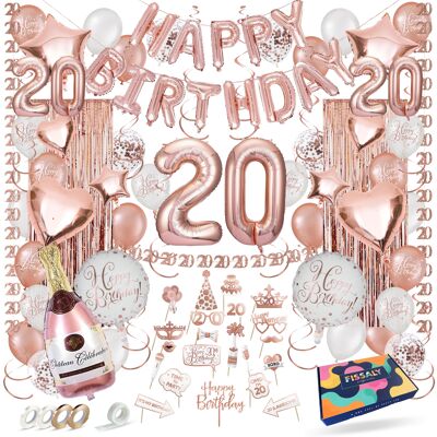 Fissaly® 20 años Adorno de decoración de cumpleaños de oro rosa - Fiesta - Globos de confeti de helio, látex y papel