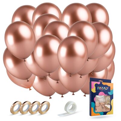 Fissaly® 40 pcs Metallic Rose Gold Helium Latex Balloons with Ribbon Embellishment - Party Decoration – Chrome Pink & Gold