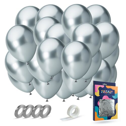 Fissaly® 40 pcs Silver Chrome Helium Latex Balloons with Ribbon - Decoration – 25 Years Married – Party Decoration Metallic Silver
