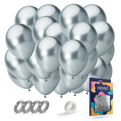Fissaly® 40 pcs Silver Chrome Helium Latex Balloons with Ribbon - Decoration - 25 Years Married - Party Decoration Metallic Silver