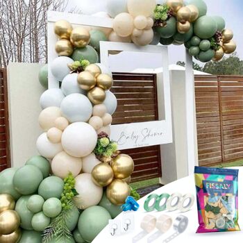 Fissaly® Arche de ballons à double remplissage rétro vert, or, blanc ivoire et bleu macaron 2
