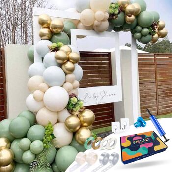 Fissaly® Arche de ballons à double remplissage rétro vert, or, blanc ivoire et bleu macaron 1