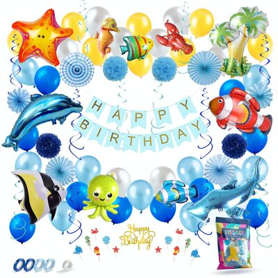 FISSALY® 88 piezas Sea Birthday Decoration Set - Ocean Fish Party Decoration - Decoraciones para fiestas de cumpleaños - Dolphin, Shark, Sea Hearer, starfish, Cancer, Fish & Octopus - Fiesta temática marítima