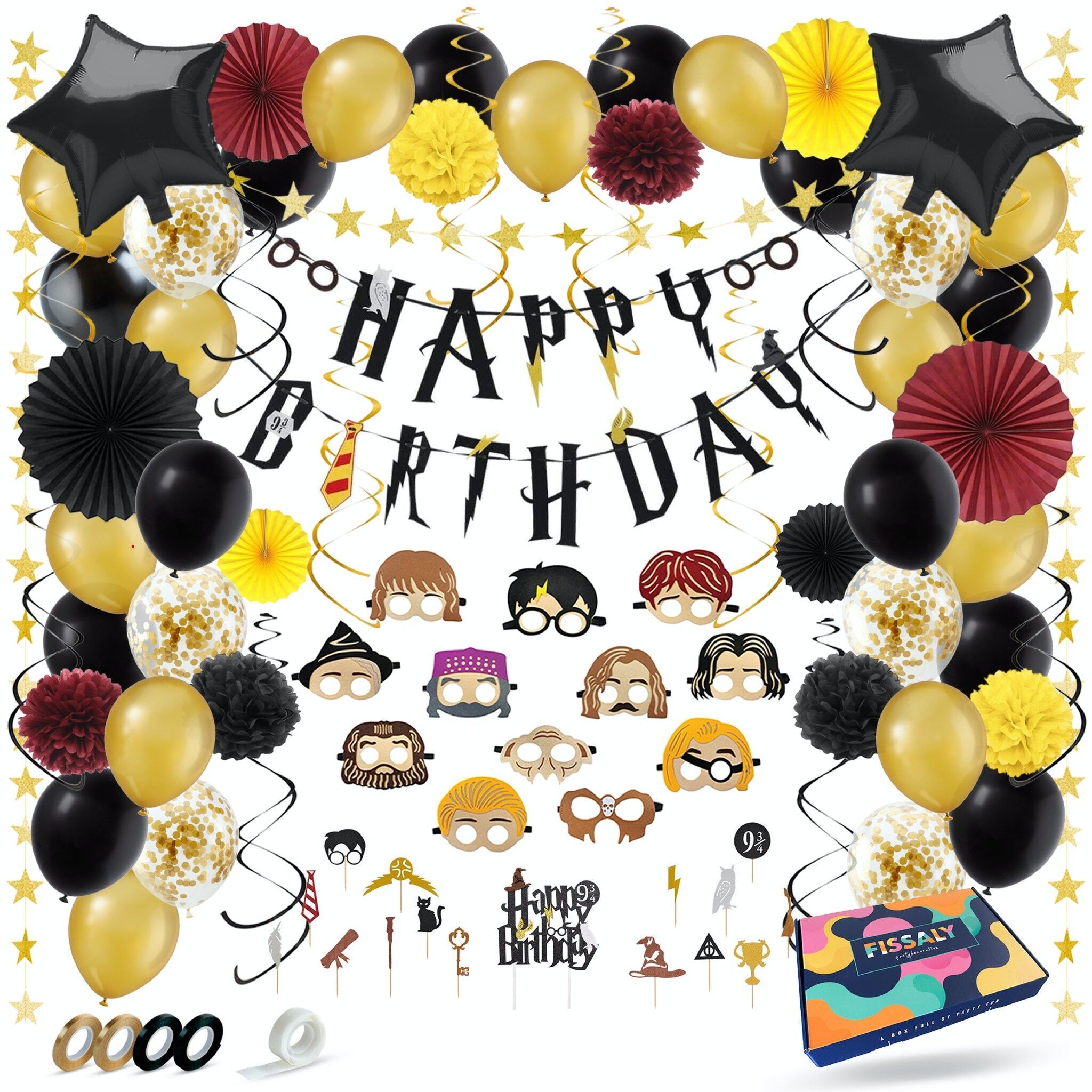 Fissaly® 86 Piece Wizard Set di decorazioni di compleanno – Decorazione a tema – Palloncini per feste a tema di compleanno, corde e decorazioni per feste