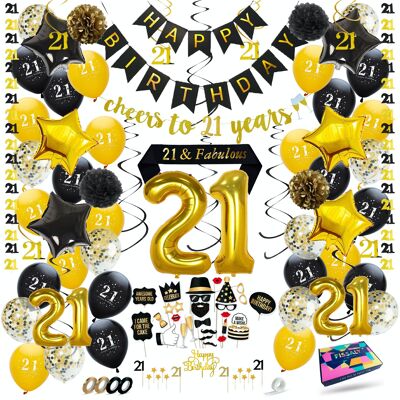 Fissaly® 21 años Decoración de cumpleaños en negro y dorado - Globos de helio, látex y papel confeti