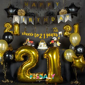 Décoration Anniversaire Fissaly® 21 Ans Noir & Or - Ballons Confettis Hélium, Latex & Papier 2