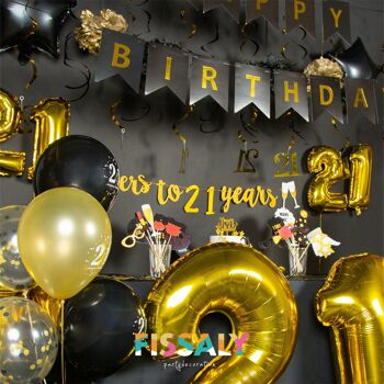 Décoration Anniversaire Fissaly® 21 Ans Noir & Or - Ballons Confettis Hélium, Latex & Papier 3
