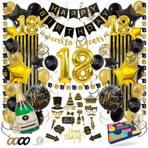 Fissaly® 18 Years Black & Gold Birthday Decoration Decoration - Helium, Latex & Paper Confetti Balloons