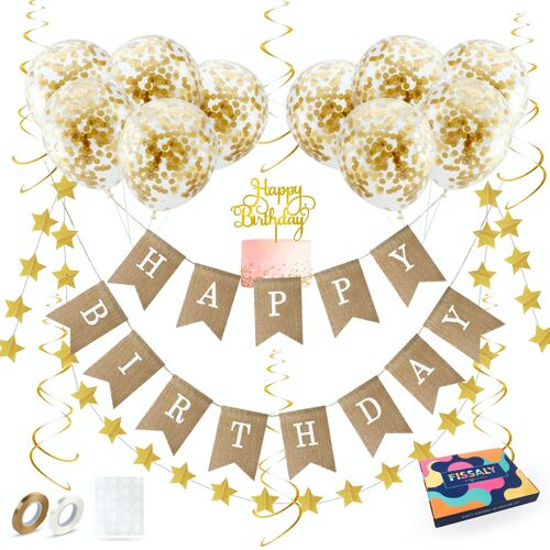 Fissaly® Verjaardag Jute Slinger met Papieren Gouden Confetti Ballonnen – Decoratie – Happy Birthday - Letterslinger