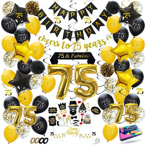 Fissaly® 75 Jaar Verjaardag Decoratie Versiering - Ballonnen – Helium, Latex & Papieren Confetti Ballonnen-  Zwart en Goud