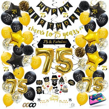 Fissaly® Décoration Anniversaire 75 Ans Décoration - Ballons - Ballons Confettis Hélium, Latex & Papier - Noir & Or 1