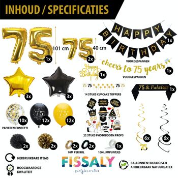 Fissaly® Décoration Anniversaire 75 Ans Décoration - Ballons - Ballons Confettis Hélium, Latex & Papier - Noir & Or 4