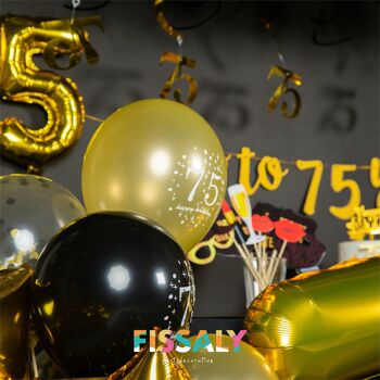Fissaly® Décoration Anniversaire 75 Ans Décoration - Ballons - Ballons Confettis Hélium, Latex & Papier - Noir & Or 5