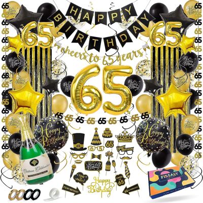 Fissaly® 65 Years Anniversary Decoración Decoración - Globos - Globos de helio, látex y papel confeti - Negro y dorado