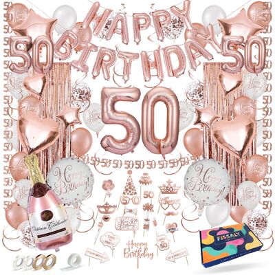 Fissaly® Decorazione per anniversario in oro rosa 50 anni - Palloncini con coriandoli in elio, lattice e carta