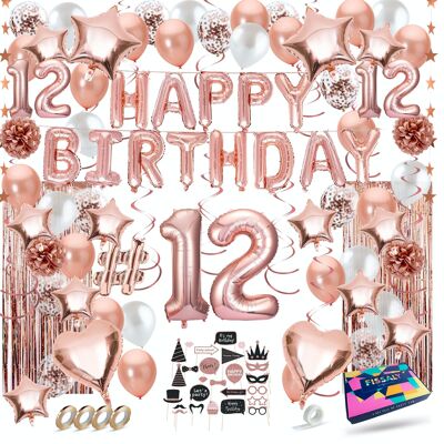 Fissaly® 12 años Decoración de cumpleaños en oro rosa Decoración - Globos de helio, látex y papel confeti