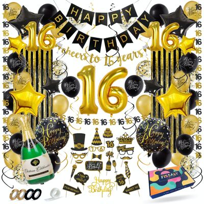 Fissaly® Sweet 16 Years Black & Gold Birthday Decoration Decoración - Globos de helio, látex y papel confeti
