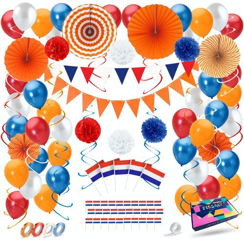 Fissaly® 119 Stuks Nederland Decoratie Set – Versiering Rood, Wit & Blauw – Koningsdag – Nederlands Thema Feest – Ik hou van Holland – Verjaardag