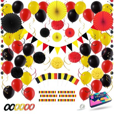 Fissaly® 111 Pieces Belgium Decoration Set – Red Devils Decoration Black, Yellow and Red - King's Day - Football Theme Party - Birthday