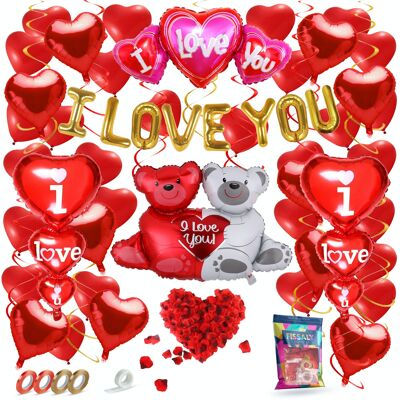 Fissaly® 70 Pieces I Love You Love & Hearts Decoration Set – Embellishment Present  - Helium Balloons  - Him & Her Present - Red - Valentine