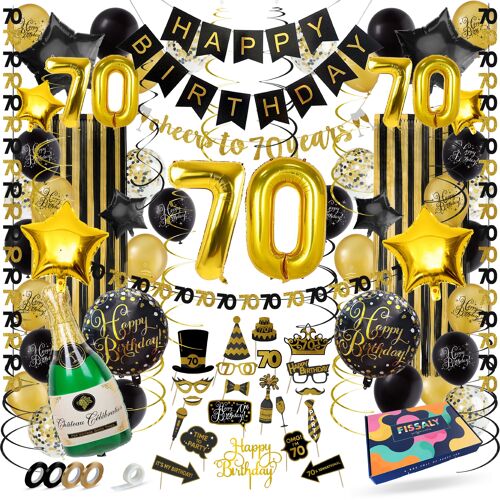 Fissaly® 70 Years Anniversary Decoration Adornment - Balloons – Anniversary Man & Woman - Black and Gold