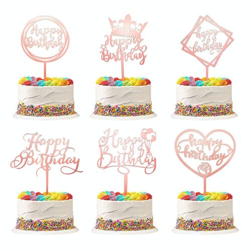 Fissaly® 6 Stuks Rosé Gouden Happy Birthday Taarttopper & Caketopper Set – Taartversiering – Decoratie Topper