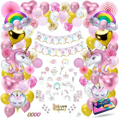 Fissaly® 134 Stück Luxus-Einhorn-Geburtstagsdekoration, Dekoration, Dekoration mit Luftballons – Einhorn-Set – Kinderparty – Party-Paket
