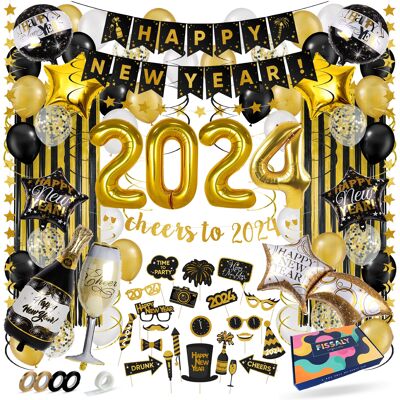 Fissaly® Frohes Neues Jahr 2023 Dekorationspaket – Silvester- und Neujahrspaket – Alte und neue Partydekoration, Partypaket – Luftballons Schwarz, Gold und Weiß