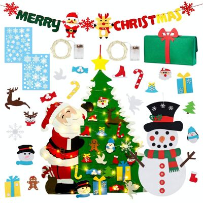 Fissaly® Set de decoración navideña XXL con árbol de Navidad y muñeco de nieve de fieltro para niños, adornos navideños, luces navideñas y guirnalda navideña - Regalo de Navidad - Niños y niños - Decoración navideña para interiores Árbol de Navidad artístico